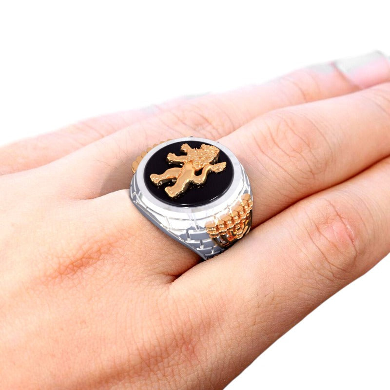 Silver and Gold Menorah Lion of Judah Men's Ring, Silver and Gold Lion Ring, Black Onyx Ring, Menorah Ring, Jewish Ring ,Men Ring