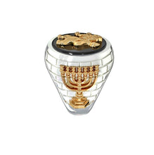 Silver and Gold Menorah Lion of Judah Men's Ring, Silver and Gold Lion Ring, Black Onyx Ring, Menorah Ring, Jewish Ring ,Men Ring