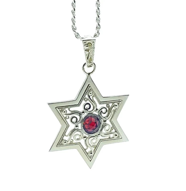 925 Silver Star of David Pendant Filigree Work Set With Garnet Stone