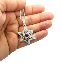 925 Silver Star of David Pendant Filigree Work Set With Garnet Stone