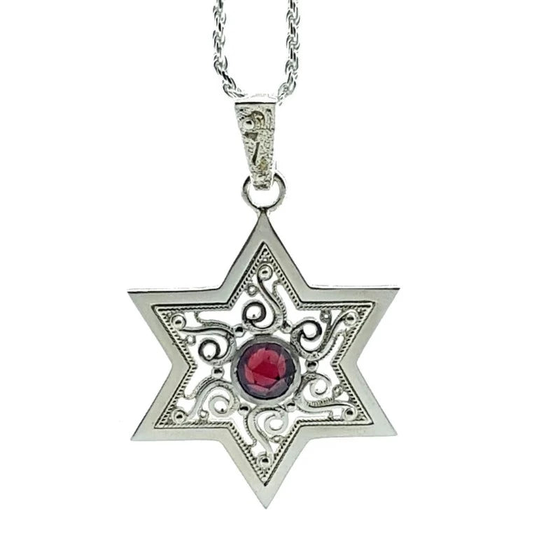 925 Silver Star of David Pendant Filigree Work Set With Garnet Stone