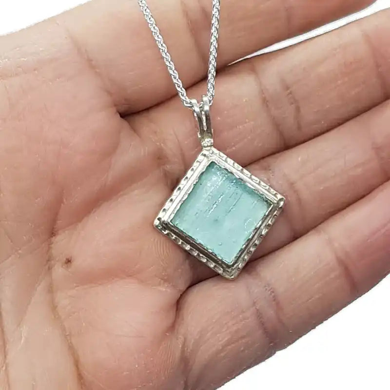 925 Silver Square  Roman Glass Pendant Necklace