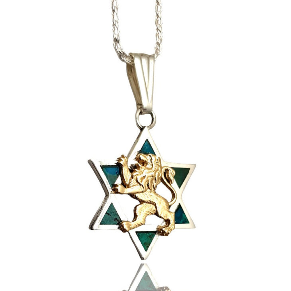 925 Silver 9K Gold Eilat Stone Jewish Pendant ,Eilat Stone Star of David Pendant,Star of David Pendant, Lion of Judah Necklace,Lion Pendant