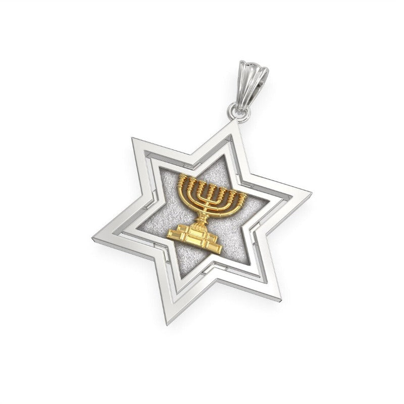 925 Silver Star of David Gold Menorah Pendant