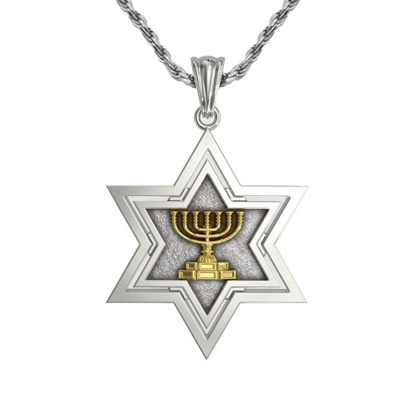 925 Silver Star of David Gold Menorah Pendant