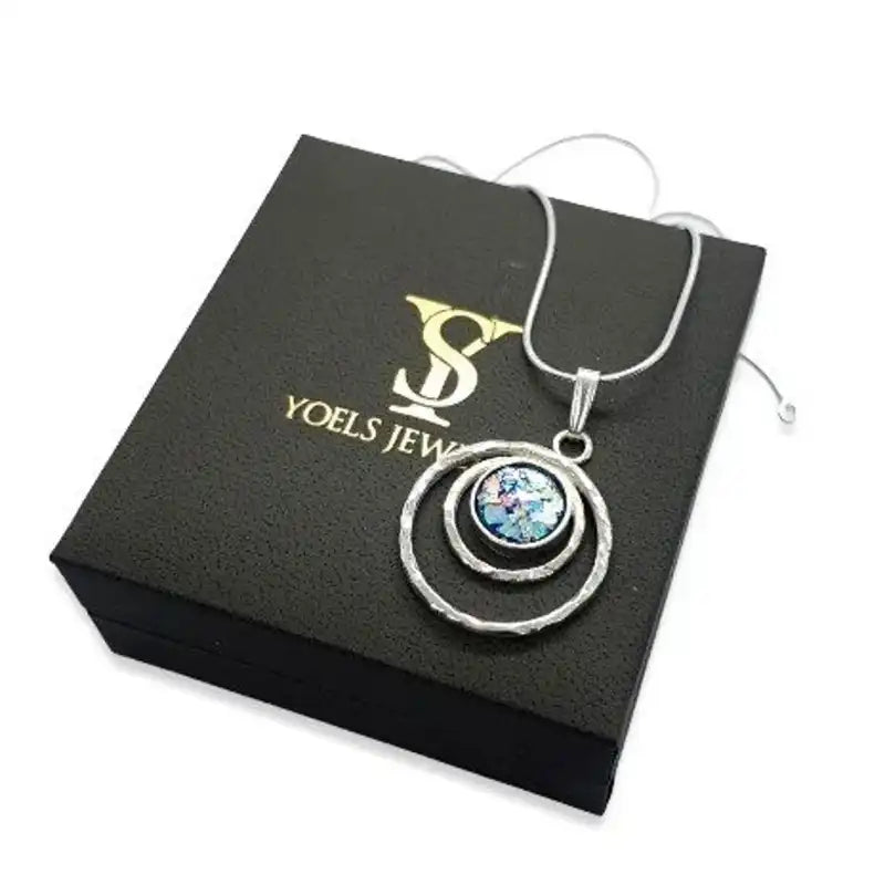 925 Sterling Silver Roman Glass Pendant  Necklace