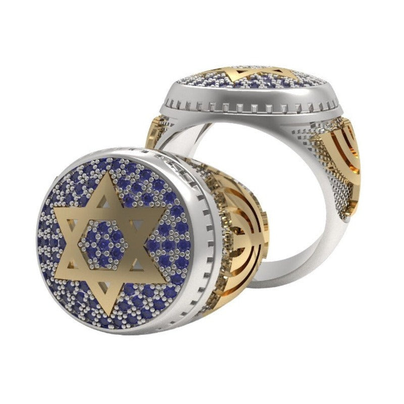 14k Gold Jerusalem Ring ,Gold Star of David Ring Sapphires Stones, Jewish 14k Gold Menorah Ring,Men Judaica Ring,Menorah Ring