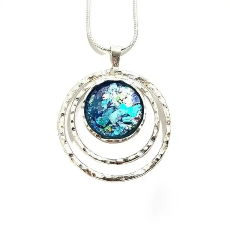 925 Sterling Silver Bluish Roman Glass Pendant Necklace