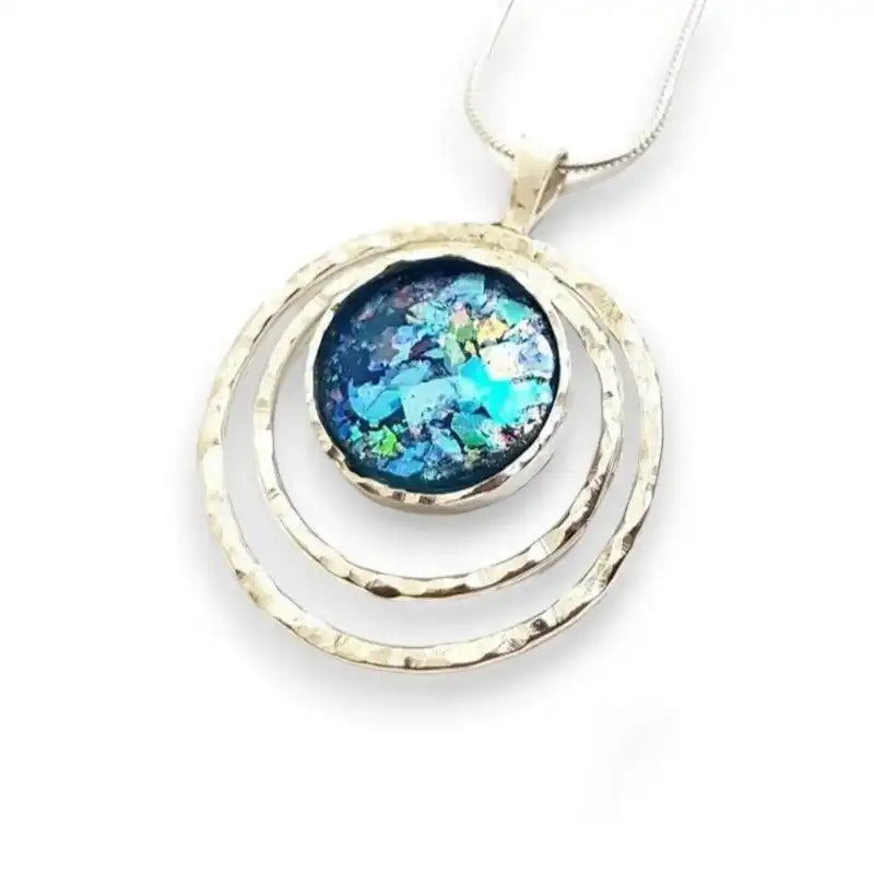 925 Sterling Silver Bluish Roman Glass Pendant Necklace