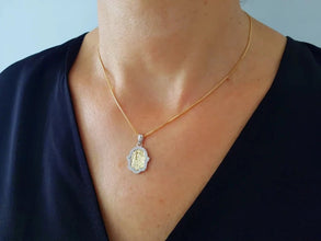 14k gold Jerusalem hamsa pendant set with diamonds 