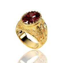 14K gold Jerusalem ring for men with a deep red oval garnet gemstone