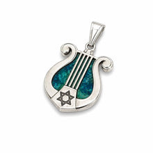 
King David harp pendant in sterling silver with Eilat stone, biblical lyre design symbolizing music, faith and Jerusalem heritage, handcrafted Jewish jewelry from Israel