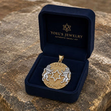 14K Gold Lion of Judah Star of David Diamond Pendant displayed in luxury navy jewelry box on natural stone
