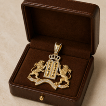 14k gold Ten Commandments pendant with lions crown and diamond frame high detail Jewish jewelry on box