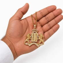 close up 14k gold Ten Commandments pendant with lions crown and diamond frame high detail Jewish jewelry