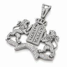 close up 14k gold Ten Commandments pendant with lions crown and diamond frame high detail Jewish jewelry