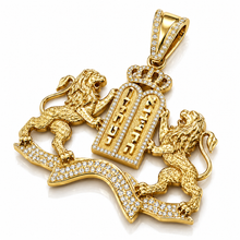 close up 14k gold Ten Commandments pendant with lions crown and diamond frame high detail Jewish jewelry