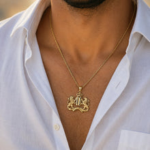 Men's gold necklace lion tablets pendant worn open shirt style