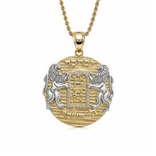 Ten Commandments gold pendant with lions and Hebrew blessing with a chain 