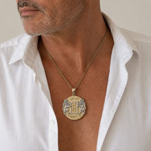Ten Commandments gold pendant with lions and Hebrew blessing on men 