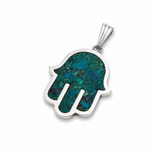 
Sterling silver Hamsa necklace with Eilat stone worn on woman's neck, delicate Jewish jewelry symbol of protection and luck, elegant everyday spiritual accessory