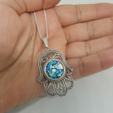 925 Sterling Silver Roman Glass Filigree Hamsa Pendant Necklace