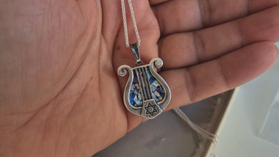 925 Sterling Silver Roman Glass King David Harp Pendant Star of David Pendant