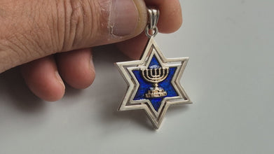 Sterling Silver Star of David Pendant with 9K Gold Menorah & Blue Enamel