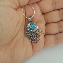 925 Sterling Silver Roman Glass Hamsa Pendant Necklace