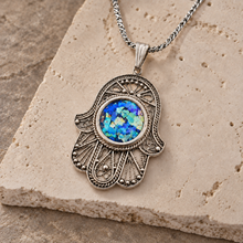 Yemenite filigree roman glass hamsa pendant 