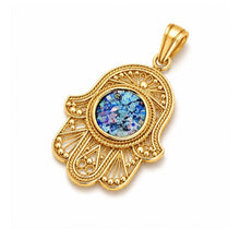 roman glass filigree hamsa pendant made in Israel 