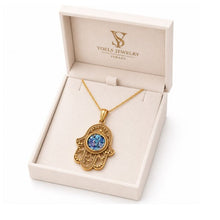 roman glass filigree hamsa pendant in open box