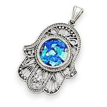 Silver roman glass hamsa pendant in filigree work 