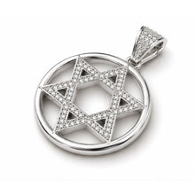 Silver pendant with Star of David design on a white background