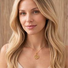Woman Wearing 14K Gold Shema Israel Pendant Necklace – Handmade Jewish Jewelry Made in Israel