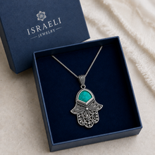 925 sterling silver Hamsa pendant with Eilat stone in navy gift box