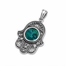 
Filigree Hamsa pendant in sterling silver set with Eilat stone