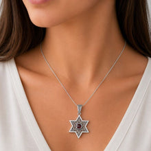 Sterling Silver Star of David Necklace with Garnet Stone Worn by Woman
