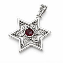 925 Silver Filigree Star of David Pendant with Garnet Stone Handmade in Israel