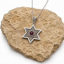 Handmade Silver Star of David Pendant with Garnet Stone on Natural Rock