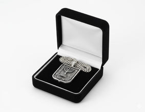 Silver emblem in an open black box on a white background