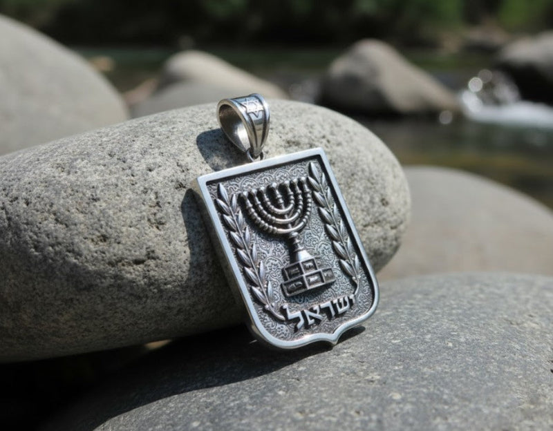 925 Silver Emblem of Israel Pendant, Hebrew Menorah Pendant