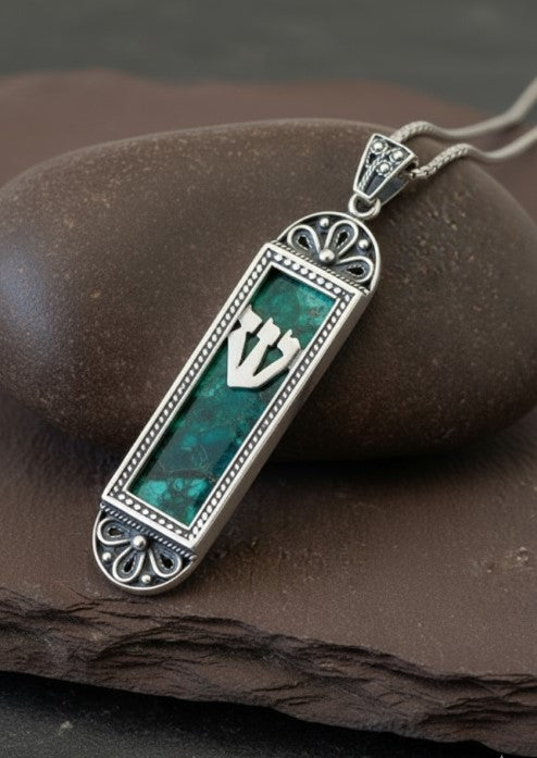 925 Sterling Silver Mezuzah Eilat Stone Necklace Filigree Judaica Pendant Israel With 17.5 cm Quality Chain