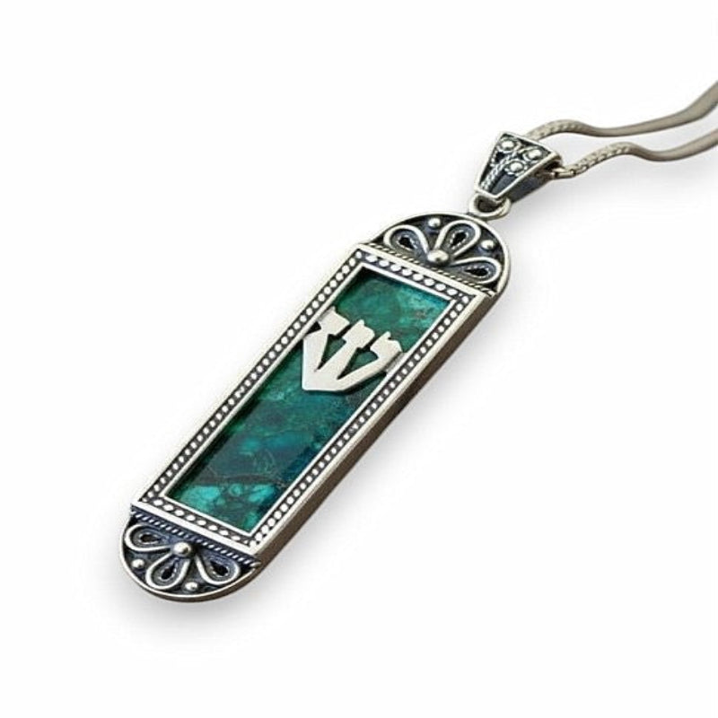 925 Sterling Silver Mezuzah Eilat Stone Necklace Filigree Judaica Pendant Israel With 17.5 cm Quality Chain