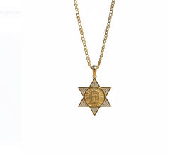 Gold Star of David necklace on a white background