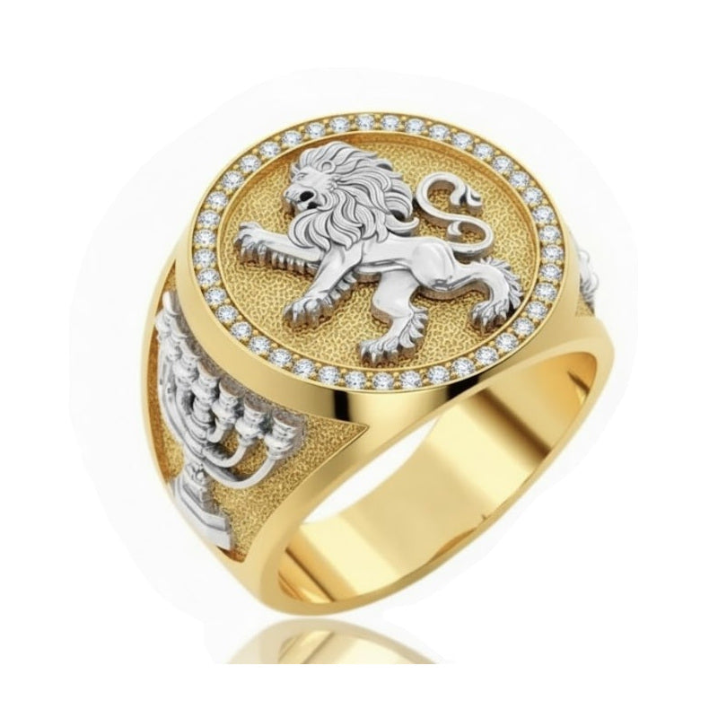 Solid Gold  lion of judah ring with menorah on sides and diamond 
