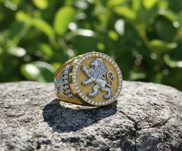 14k Gold Lion of Judah Ring for Men with Menorahs and Diamonds Made in Israel
