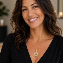 Woman Wearing Two Tone Star of David Necklace