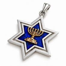 Silver Star of David pendant with blue enamel and 9K gold Menorah on white background