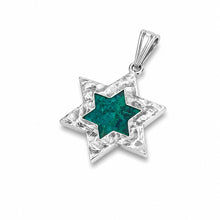 
Star of David pendant in sterling silver set with green Eilat stone, classic Magen David necklace symbolizing Jewish identity, faith and protection handcrafted in Israel